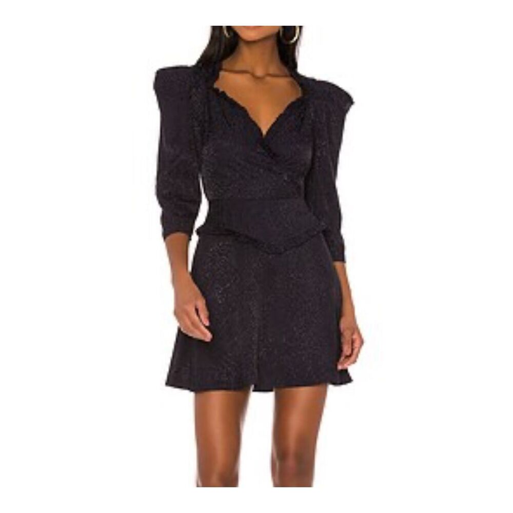 LPA Navy Puff Sleeves Jacquard Satin Arabella Dress Size Medium